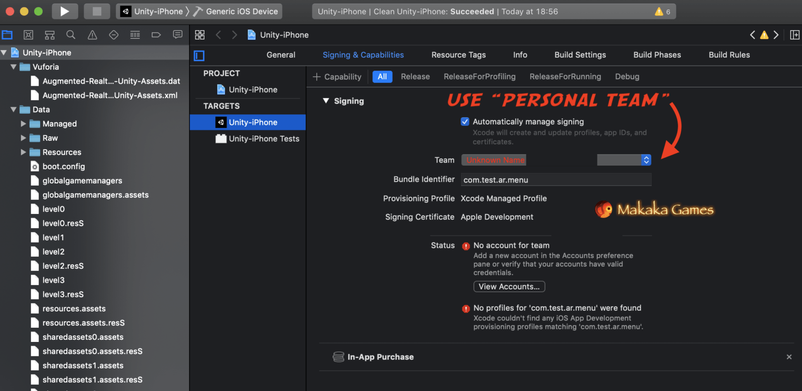 Xcode team: unknown name > use Personal Team - Create Free iOS Certificate